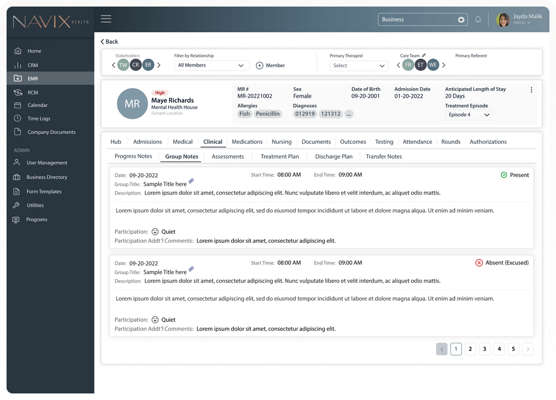 A screenshot of Navix EMR showcasing its feature for clinical group notes.